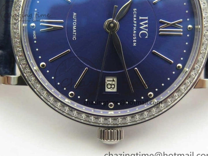 MIROTIME 1224 Fashionable Portofino IW458101 Diamond Bezel SS MK 1:1 Best Edition Blue Dial On Blue Leather Strap MIYOTA 7169